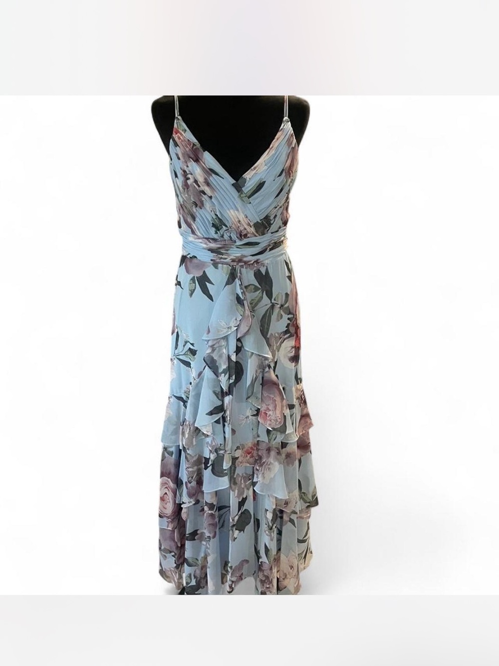 Xscape Light Blue Floral High-Low Ruffled Maxi Dress - Picture 2 of 5